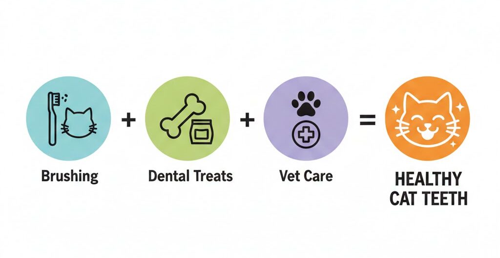 Graphic showing how brushing, dental treats and veterinary care work together for cat dental health.